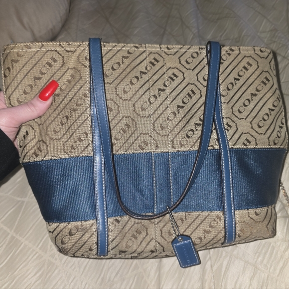 Coach Signature Canvas Blue Stripe Tote Shoulder Bag